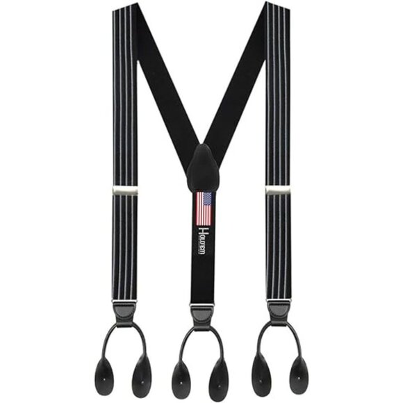 Hold’Em 1 ¼ Fancy Stripe and Solid Suspenders for Men Leather Button-SummitBlack - Picture 1 of 7